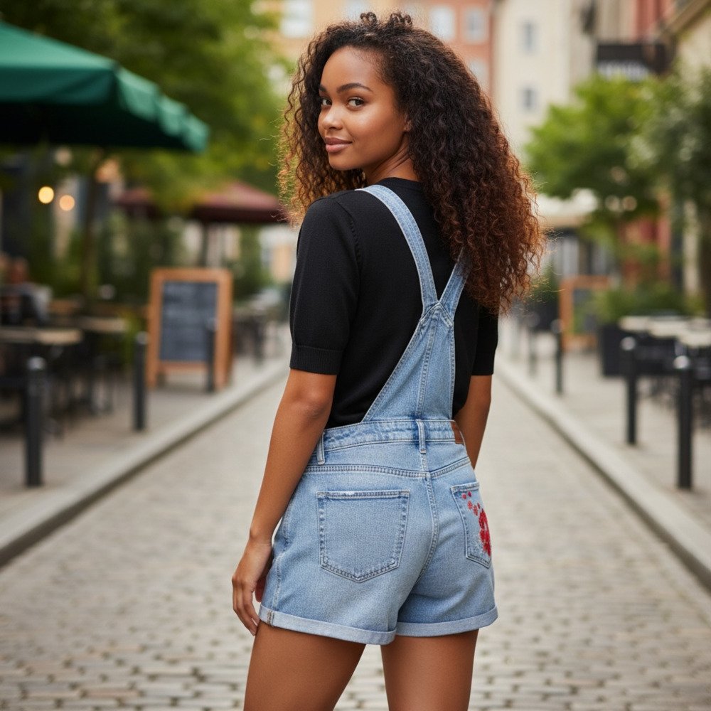 Hollister Boyfriend Short Overall Vintage Medium Wash Rose Embroidered Size M